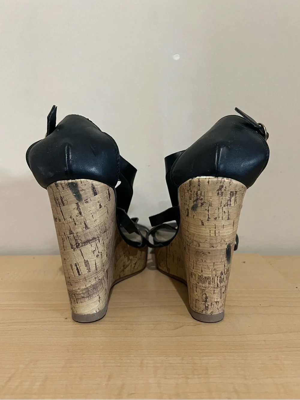 Montego Bay Club Black Wedge Sandals with Cork Platform and Gold Accents
